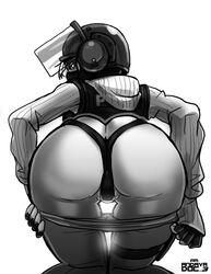 1girls andava balaclava bent_over black_and_white black_panties bulletproof_vest clothed helmet iq_(rainbow_six) looking_at_viewer looking_back pants_down presenting_anus rainbow_six rainbow_six_siege tom_clancy