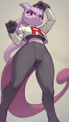 1girls ai_generated alternate_costume bare_midriff cameltoe female female_only game_freak low-angle_view mewtwo nintendo pokemon pokemon_(species) scalieton self_upload tail team_rocket team_rocket_uniform tight_clothing