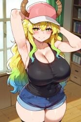 1girls ai_generated armpit_fetish armpits blush breasts chubby chubby_female cleavage cleavage_cutout cute_girl demon_girl green_hair hi_res horns huge_breasts indoors kiraaiart kobayashi-san_chi_no_maidragon large_breasts light-skinned_female light_skin lucoa lucoa_(maidragon) miss_kobayashi's_dragon_maid mommy multicolored_hair quetzalcoatl_(dragon_maid) shorts smile sweatdrop sweating thick thick_thighs tight_clothing yellow_eyes yellow_hair