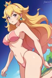 ai_generated beach bikini blonde_female blonde_hair blonde_hair_female crown forest_background long_hair pink_bikini pointy_chin princess_peach sand