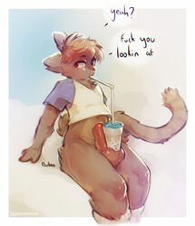 anthro balls beverage bottomless brown_eyes brown_fur brown_hair bubble_tea clothed clothing cup domestic_cat drinking english_text felid feline felis fur hair hi_res legwear looking_at_viewer male male_only mammal panken penis shirt sitting socks solo solo_male speech_bubble straw text topwear