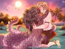 2boys beach beach_background blackbeard cannibaldolly clothed edward_teach fluffy_hair gay hug hugging kissing kraken long_hair long_hair_male male male_only no_visible_genitalia old_man_yaoi our_flag_means_death pirate shallow_water stede_bonnet sunlight tentacle tentacle_around_leg tentacle_around_waist water water_dripping water_drop water_droplets wholesome yaoi