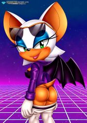 1girls anthro ass bat bat_wings bbmbbf big_breasts blush chiropteran eyeshadow female green_eyes lipstick looking_at_viewer looking_back makeup mobian_(species) mobius_unleashed palcomix rouge_the_bat sega shades sideboob smile sonic_(series) white_fur white_hair wings