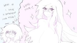 1girls big_breasts breasts dani_(shiirano) female_only glasses imnotshiira_(artist) long_hair original shiirano short_hair sketch solo tagme text thought_bubble