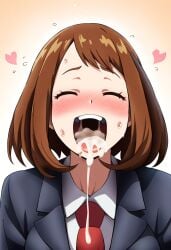 after_fellatio ai_generated blush closed_eyes cum cum_in_mouth happy heart_symbol my_hero_academia ochako_uraraka open_mouth school_uniform su_whore_(artist) sweating sweaty