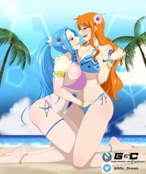 2girls adult_swim armband artist_logo barefoot beach big_breasts blue_bikini blue_hair blush bracelet breasts_bigger_than_head female female_only fingering fingering_pussy flower_in_hair ggc hair_ornament hand_in_panties huge_breasts large_breasts lesbian_sex light-skinned_female long_hair looking_pleasured multiple_girls nami nami_(one_piece) nefertari_vivi one_piece orange_hair outdoors palm_tree pink_bikini post-timeskip smile subscribestar_logo subscribestar_username symmetrical_docking tagme tongue_out toonami twitter_logo twitter_username yuri