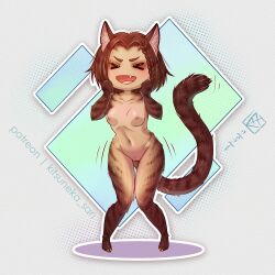 >o< :d animal_ears body_fur braid breasts brown_hair cat_ears cat_girl cat_tail chibi cleft_of_venus collarbone completely_nude dated english_commentary female full_body furry hands_on_own_face khajiit kitsuneka-san knees_together_feet_apart m'rissi_(skyrim) medium_hair motion_lines navel nipples nude oerba_yun_fang open_mouth original patreon_username polka_dot polka_dot_background pussy single_braid small_breasts smile solo standing tail the_elder_scrolls the_elder_scrolls_v:_skyrim