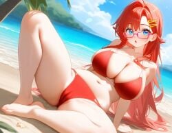 1girls :o ai_generated barefoot beach big_breasts bikini blossomtea blue_eyes blue_sky blush breasts cameltoe clouds dot_nose eyebrows eyebrows_visible_through_hair eyelashes eyewear full_body glasses hairclip kivotosxl_(model) labia labia_majora light_blush long_hair maha_no_hanashi masa_works_design midriff navel outdoors palms pink_glasses red_bikini red_hair red_swimsuit red_swimwear redhead_female redhead_hair saint_luna_maria_kanzaki sand self_upload sitting_on_sand sky solo solo_female square_glasses starfish swimsuit swimwear under-rim_eyewear under-rim_glasses very_long_hair water yellow_hairclip yodayo