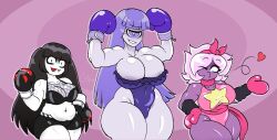 3girls big_breasts big_thighs black_boxing_gloves black_gloves black_hair blowing_kiss blown_kiss boxer boxer_girl boxing_gloves breasts chikin_(artist) chubby chubby_female cleavage curvy cyclops cyclops_girl female_focus female_only flex flexing flexing_bicep flexing_both_biceps gloves heart huge_breasts large_breasts long_hair monster_girl multiple_girls one_eye original original_character original_characters ornea_(waifuwars) pink_boxing_gloves pink_gloves pink_hair plump short_hair simple_background thick thick_thighs thighs tongue tongue_out trio violet_boxing_gloves violet_eye violet_gloves violet_hair wide_hips