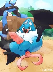 anthro black_body blue_body blue_fur bodily_fluids catjam_(artist) dripping fangs feral fur generation_4_pokemon generation_5_pokemon genital_fluids genitals hay hay_bale looking_at_viewer looking_up lucario male nintendo penis pokemon pokemon_(species) precum precum_drip ranch swoobat tail teeth white_body white_fur wings