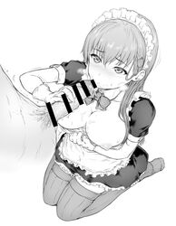 1boy alternate_costume bar_censor breasts censored enmaided fellatio female gloves greyscale kantai_collection large_breasts long_hair maid maid_headdress male_pubic_hair monochrome nipples oonaka_ito oral penis pubic_hair sitting straight suzuya_(kantai_collection) thighhighs wariza zettai_ryouiki