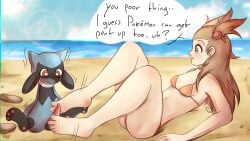 1boy 1girls barefoot bikini blue_fur blush brown_eyes brown_hair canine english_text ethan_ppj_(artist) feet feral foot_fetish foot_play footjob fur generation_4_pokemon genitals hair_ornament hi_res human interspecies jasmine_(pokemon) male male/female mammal nervous_face nintendo paws penis pent_up pokemon pokemon_(species) pokephilia precum riolu shaking shoes_removed size_difference soles toes two-footed_footjob zoophilia