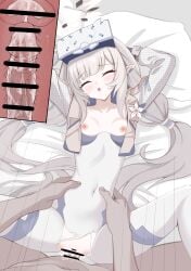 1boy absurdres bar_censor blue_archive breasts ccczr censored closed_eyes commentary_request cum cum_in_pussy ejaculation female halo highres himari_(armed)_(blue_archive) himari_(blue_archive) internal_cumshot large_variant_set long_hair lying nipples on_back paid_reward_available penis pointy_ears pov sex small_breasts straight vaginal_penetration variant_set