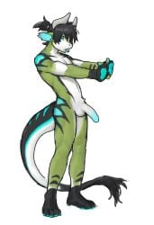 2024 2_horns anthro big_penis biped black_hair blue_eyes blue_tongue countershade_fur countershading curved_horn dragon fur furred_dragon furred_scalie genitals green_body green_fur hair half-erect hi_res horn humanoid_genitalia humanoid_penis looking_at_viewer male mythological_creature mythological_scalie mythology nude_anthro nude_male penis scalie slim_anthro slim_male solo stretching tongue whcy white_body white_countershading white_fur