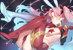 1girls ass breasts cameltoe collared_shrug crotchless earrings ebora facial_mark fate/grand_order fate_(series) female female_only forehead_mark frontless_outfit hair_ribbon high_heels hoop_earrings ishtar_(fate) jewelry latex latex_legwear long_hair medium_breasts multicolored_hair pasties pink_hair rabbit_ears red_footwear reverse_bunnysuit reverse_outfit ribbon shooting solo space_ishtar_(fate) star_pasties two_side_up yellow_eyes youngmanisdown