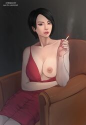 1girls ada_wong asian casual_nudity dress exposed_breasts freshlyet resident_evil resident_evil_2 resident_evil_2_remake resident_evil_4 smoking solo