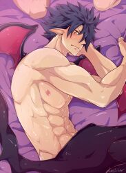 3boys abs black_hair blush demon_boy demon_ears demon_tail demon_wings disgaea disgaea_5 erection killia_(disgaea) kurosilver male_only muscles nipples nippon_ichi_software sweat yaoi