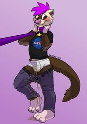 2019 absurd_res anthro black_eyes blush bodily_fluids brown_fur bulge clothed clothing collar compression_artifacts domestic_ferret fur genital_fluids hair hi_res leash male mammal mustela mustelid musteline nasa omorashi pants_down partially_clothed peeing petplay pink_hair purple_hair redfeatherstorm roleplay simple_background solo tan_fur underwear urine watersports wetting