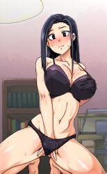 1girls big_breasts black_eyes black_hair blush bra breasts female hair_down huge_breasts kitsune-tsuki_(getter) large_breasts masturbation momo_yaoyorozu my_hero_academia solo solo_female sweat thick_thighs thighs underwear