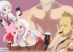 2girls 3boys abs age_difference beard beer blue_eyes blue_hair brown_hair fairy_tail from_behind giant large_breasts larger_male lisanna_strauss macao_conbolt makarov_dreyar mirajane_strauss muscular_male no_panties nose_bleed old_man on_table sex sisters size_difference smaller_female smile smoking the_amazing_gambit wakaba_mine watching whentai white_hair