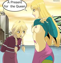 2girls arms_behind_back blonde_hair blue_eyes blush braid breasts breasts_out city cityscape cornelia_hale disney elyon_brown fairy fairy_wings female female_only happy human human_only large_breasts leaning leaning_forward lips lipstick long_hair long_skirt long_sleeves looking_at_another looking_at_breasts magical_girl makeup medium_breasts multiple_females multiple_girls nanotyrannus navel nipples open_mouth outdoors pink_lipstick png round_teeth signature skirt smile standing sweater teeth text twin_braids upper_teeth w.i.t.c.h. wings yuri