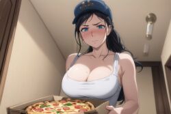 1girls ai_generated black_hair blue_eyes busty cleavage delivery_employee embarrased female frown hat hi_res highres indoors milf original_character pixai pizza ponytail solo tank_top