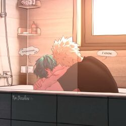 1:1_aspect_ratio 1boy 2boys ass bakudeku bakugou_katsuki bath bathing bathroom bathtub black_hair black_shirt blonde_hair clothed_male clothed_male_nude_male clothing comfort comforting completely_nude completely_nude_male crying curly_hair depressed embracing english_language english_text freckles freckles_on_body frizzy_hair from_behind green_hair high_resolution hug hugging_own_legs indoors izuku_midoriya katsuki_bakugou male male_focus midoriya_izuku multiple_boys my_hero_academia nude nude_male nyxdrawhine sad scar shampoo_bottle shirt short_hair sink sobbing speech_bubble spiky_hair teen_boy teenage teenage_boy teenager text tiles wet wholesome window yaoi