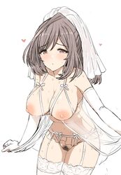 1girls areolae babydoll bad_id bad_twitter_id bare_shoulders blush bow bra breasts bridal_veil bride brown_hair bush collarbone cupless_babydoll elbow_gloves female female_only female_pubic_hair functionally_nude garter_belt garter_straps gloves hair_up half-closed_eyes heart heart-shaped_pupils highres huge_breasts idolmaster idolmaster_shiny_colors large_breasts leaning_forward lingerie long_hair looking_at_viewer looking_pleasured navel negligee nipples no_panties open_mouth pleasure_face ponytail pubes pubic_hair red_eyes sheer sketch solo solo_female standing sweat sweatdrop symbol-shaped_pupils thighhighs tied_hair tsukioka_kogane uncensored underwear upanishi veil wedding_dress wedding_lingerie wedding_veil white_background white_gloves white_skin