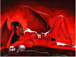 1girls bare_breasts belly_button big_breasts black_hair black_lips black_lipstick black_pubic_hair bottomless breasts busty chaos_comics curvaceous curvy dated demon_girl demon_horns demon_wings demoness ed_lloyd erect_nipples eyeshadow female female_only hand_in_hair hand_on_stomach hell horns knee_up large_breasts lying lying_on_side makeup mascara midriff monster_girl naked navel nipples no_bra no_panties nude pinup pubic_hair purgatori pussy red_nails red_nipples red_skin red_wing red_wings sakkara_(character) sharp_nails signature skull skulls snake solo stomach thick_thighs thighs topless voluptuous vulva white_eyes wings