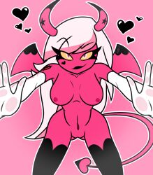 5_fingers accurate_art_style areola breasts demon demon_humanoid digital_media_(artwork) female fingers genitals gottagoblast hair helluva_boss horn humanoid imp looking_at_viewer mammal nipples not_furry nude pink_body pussy simple_background smile solo standing succubus tail teeth verosika_mayday verosika_mayday_(helluva_boss) vivienne_style white_hair wings