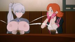 2girls alternate_breast_size edit female female_only huge_breasts lactation multiple_girls mystral_outfit necromalock nora_valkyrie nordic_winter rwby screenshot screenshot_edit shocked weiss_schnee