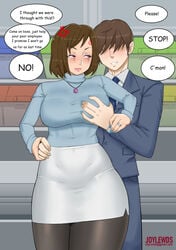 angry big_breasts big_hips blush breast_grab brown_hair business_woman clothed dialogue dress_shirt grey_skirt grope groping joylewds large_breasts miniskirt necklace office office_lady office_sex pencil_skirt sexual_harassment skirt skirt_suit text tight_skirt white_skirt