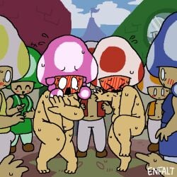 balls barefoot both_sexes_in_same_situation breasts covering embarrassed enfalt mario nude tagme toad_(mario) toadette