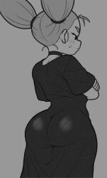 1girls ass ass_focus big_ass big_butt black_dress blush champchidi choker dress greyscale jujutsu_kaisen light_blush mob_face monochrome nishimiya_momo pantylines solo solo_female solo_focus twintails