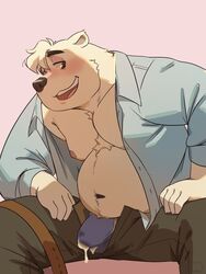 2019 3:4 absurd_res aggressive_retsuko anthro belly blush bodily_fluids bottomwear bulge clothing cum fur genital_fluids hi_res humanoid_hands male male_only mammal moobs navel nipples nyuudles overweight overweight_male pants pink_background polar_bear sanrio shirota shirt simple_background smooth_skin solo topwear underwear ursid ursine white_fur