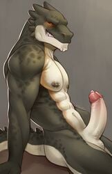 abs anthro balls bodily_fluids crocodile crocodilian crocodylid erection genital_fluids green_body green_scales grin hi_res humanoid_penis looking_at_viewer male male_only muscular muscular_male nipple_piercing nipples nude pecs penis piercing precum reptile scales scalie sitting smile solo teasfox teeth