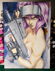 dhmoldon female ghost_in_the_shell head-mounted_display holding_gun kusanagi_motoko leotard medium_hair purple_hair red_eyes solo strapless_leotard white_leotard