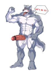 5_fingers 5_toes abs absurd_res alternate_version_at_source anthro balls big_penis blush canid canine canis censor_bar censored claws dialogue english_text erection feet fingers flexing fur genitals grey_body grey_fur hi_res humanoid_genitalia humanoid_penis male mammal muscular muscular_anthro muscular_male nipple_piercing nipple_ring nipples nude open_mouth pecs penis piercing pubes raineru_(gryffindor131) simple_background solo speech_bubble standing text toe_claws toes tongue tongue_out vein veiny_penis white_background wolf yellow_eyes