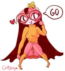 2019 anthro bottomwear breasts brown_hair clothing cosplay creamy_kitty crossed_legs eyewear fangs female glasses gu_(diives) gū_(diives) hair long_hair long_legs miniskirt pink_scales pussy reptile scales scalie simple_background skirt slim slit_pupils snake solo tongue tongue_out xingzuo_temple