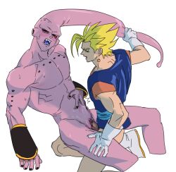 1boy 1cuntboy black_nails black_sclera blonde_hair blush clitoris colored_sclera colored_skin cuntboy dragon_ball dragon_ball_z earrings height_difference jewelry large_penis linisthename looking_at_another majin_buu muscular muscular_male nude open_mouth pectorals penis pink_skin potara_earrings pussy red_eyes sex stomach_bulge super_buu super_saiyan vaginal_penetration vegito yaoi