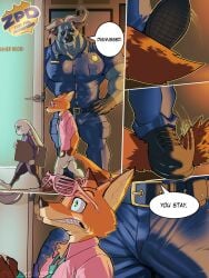 absurd_res anthro belt bovid bovine bulge canid canine cape_buffalo chief_bogo clothing detailed_bulge disney egg_concept eyewear female fox genital_outline glasses group hi_res imminent_sex judy_hopps lagomorph leporid male mammal muscular muscular_male nick_wilde pecs penis_outline penis_shaped_bulge rabbit shocked size_difference stepping_on_tail surprised tail teeth trio zootopia