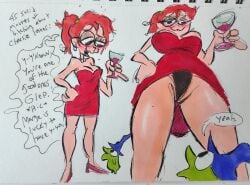 black_panties blush drunk drunk_female earrings eyes_half_open glasses glep_(smiling_friends) looking_at_another necklace panties ponytail pussy pussy_shot red_dress red_hair smiling_friends text underneath_view underwear wine wine_glass zoey_(smiling_friends)