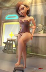 1girls 3d artist.jessica ass bar bare_shoulders barefoot big_ass bottom_heavy breasts chair cleavage clothed corset disney eye_contact female female_only half-closed_eyes helen_parr human looking_at_viewer milf mother panties patreon pixar short_hair smile smooth_skin standing text the_incredibles thick_thighs thighhighs url watermark wide_hips