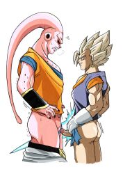 1boy 1cuntboy ass blonde_hair blush clitoris clothes_pull colored_skin cuntboy cuntboy_with_male dragon_ball dragon_ball_z earrings erection height_difference imminent_penetration jewelry looking_at_another majin_buu majinbuusama muscular muscular_male pants pants_pull pectorals penis pink_skin potara_earrings pussy smirk super_buu super_saiyan vegito yaoi