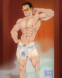 1boy abs cyclops_(x-men) ed_draws male male_only marvel marvel_comics muscular mutant shower solo superhero towel visor x-men yaoi