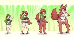2025 absurd_res anthro ass auburn_fur auburn_hair barefoot big_breasts black_clothing black_topwear bodily_fluids bottomwear breast_expansion breasts canid claws clothing digital_media_(artwork) dimitriahn feet female fur genital_fluids green_clothing green_jacket green_topwear growth hair hand_on_breast heart_eyes heart_symbol hi_res human human_to_anthro jacket kim_pine mammal nipples open_mouth red_body red_fur red_hair scott_pilgrim_(series) sequence shorts simple_background smile solo species_transformation standing tail tail_growth topwear torn_clothing transformation vaginal_fluids