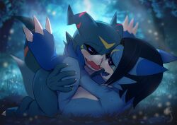 ambiguous_gender anthro anthro_on_anthro bandai_namco black_sclera blue_eyes blue_tongue blush bodily_fluids claws digimon digimon_(species) duo eye_contact fan_character finger_claws hair hand_on_cheek iris looking_at_another nude pupils rusho scalie spread_legs spreading sweat tongue veemon white_claws