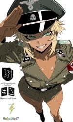 1girls alternate_history artist_name artist_signature blank_background bleached blonde_female boots bottomless cleavage empty_background evil_grin fate/apocrypha fate/grand_order fate_(series) female female_only green_eyes looking_at_viewer m0r14rt7 military_hat military_uniform mordred_(fate) mordred_(fate/apocrypha) mordred_(swimsuit_rider) nazi nazi_armband nazi_uniform raceplay salute softcore solo swastika tan_body tan_skin totenkopf villainess