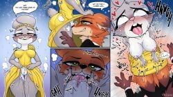 anthro blush bodily_fluids breasts canid canine clothed clothing cunnilingus digital_media_(artwork) disney duo english_text female fox fur genital_fluids genitals grey_body hi_res judy_hopps lagomorph leporid male male/female mammal nick_wilde nipples nude oral purple_eyes rabbit red_fox sex simple_background smile tail text tongue tongue_out true_fox vaginal_penetration vulva yazen zootopia