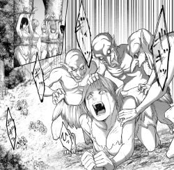 3boys 3boys1girl 6girls breasts buta_no_fukushuu cleavage cropped cropped_image crying crying_with_eyes_open doggy_style elf elf_ears elf_female femsub goblin goblin_male grabbing_hair group group_rape holding_hair maledom manga manga_page monochrome multiple_boys multiple_girls multiple_subs official_art pointy_ears rape raped_by_monster raped_female scared screaming slave tears tied_up torn_clothes torn_clothing